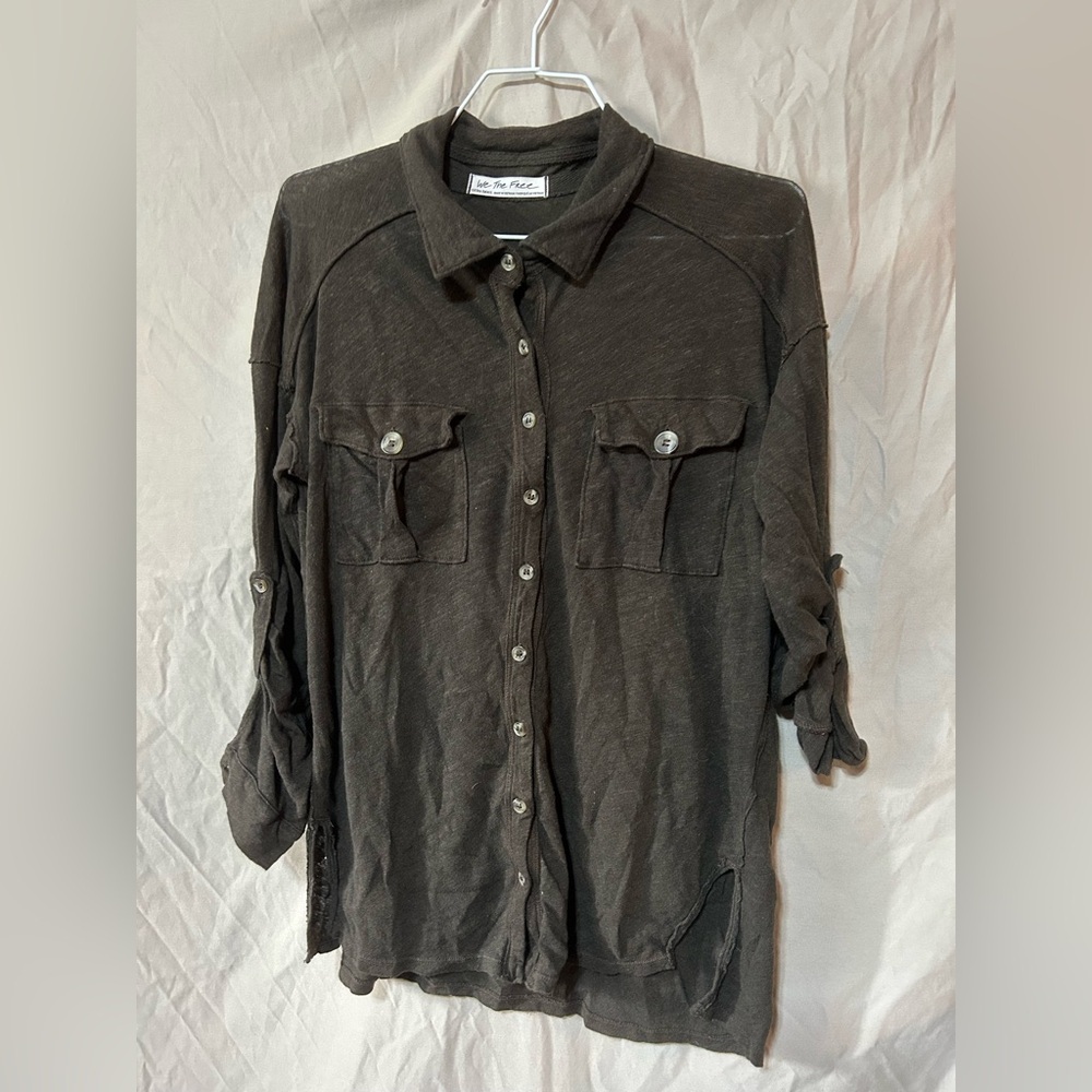 Free People Shirt Womens Green Top Linen Blend Woven Roll-Tab Sleeves XS